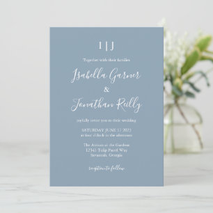 Dusty Blue Script Modern Monogram Elegant Wedding Invitation