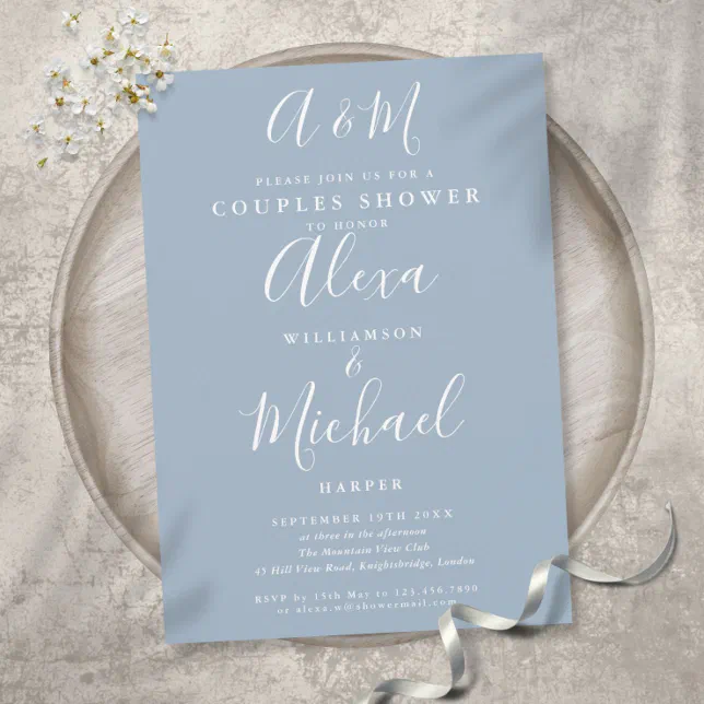 Dusty Blue Script Monogram Couples Wedding Shower Invitation | Zazzle