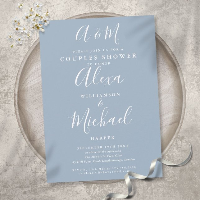 Dusty Blue Script Monogram Couples Wedding Shower Invitation (Creator Uploaded)