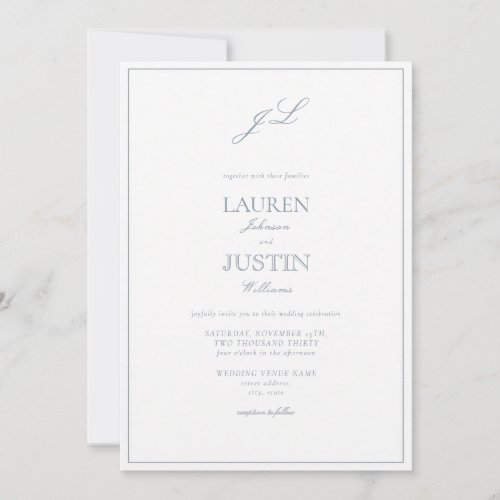 Dusty Blue Script Monogram QR Wedding Invitation