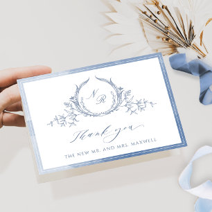 Dusty Blue Script Monogram, Watercolor Wedding Th Letterpress Thank You Card