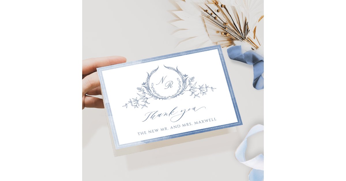 Dusty Blue Script Monogram, Watercolor Wedding Th Thank You Card | Zazzle