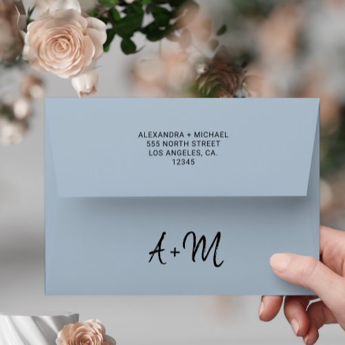 Dusty blue script monogram wedding envelope
