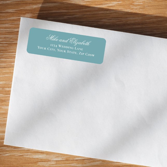 Dusty Blue Script Names Wedding Address Label (Dusty blue script wedding return address label on white envelope mockup)