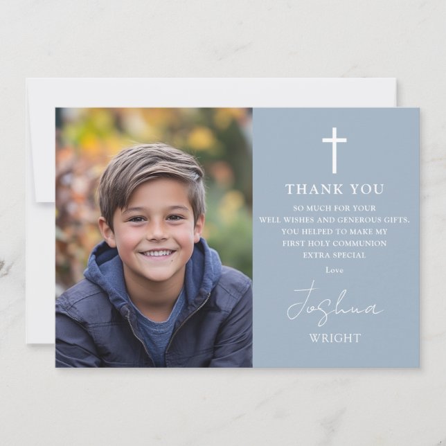 Dusty Blue Script Photo First Holy Communion Thank You Card (Front)