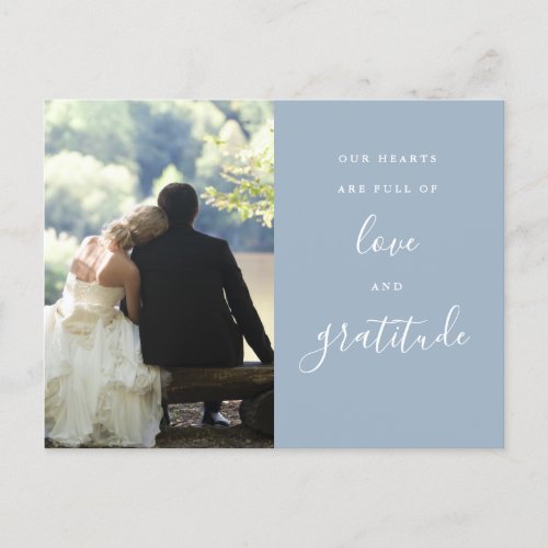 Dusty Blue Script Photo Wedding Thank You Postcard