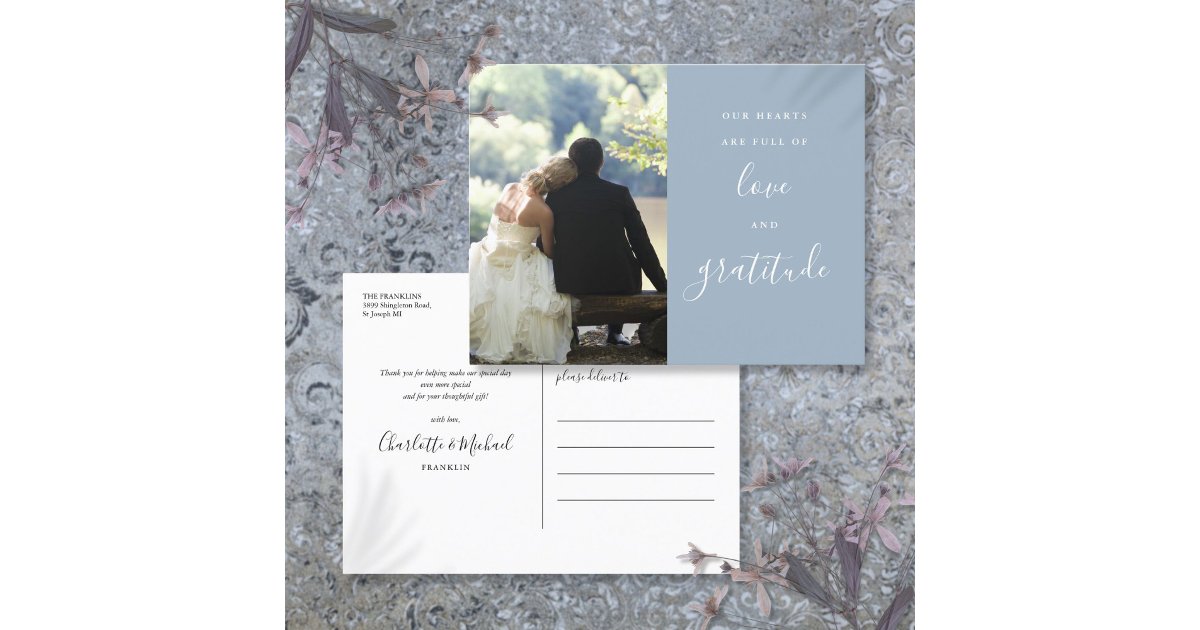 Dusty Blue Script Photo Wedding Thank You Postcard | Zazzle