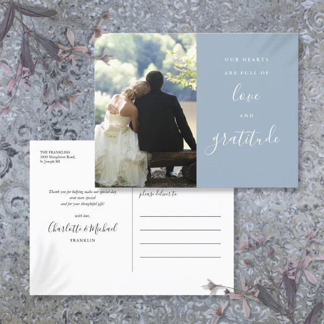 Dusty Blue Script Photo Wedding Thank You Postcard | Zazzle