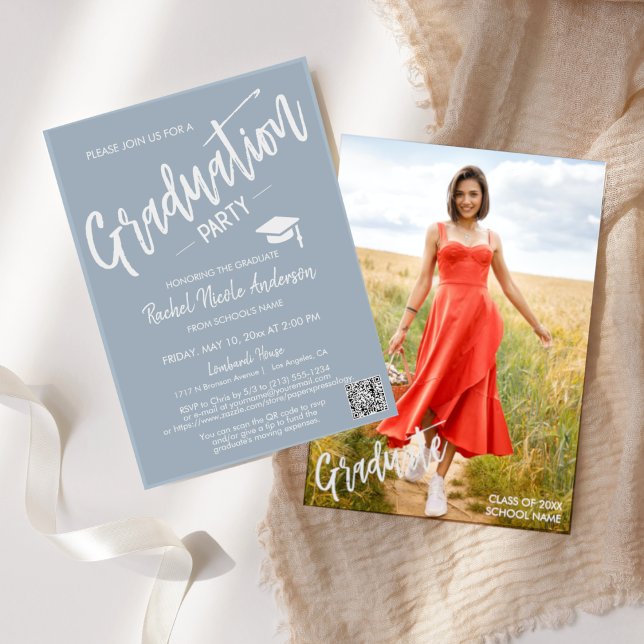 Dusty Blue Script QR Code Photo Graduation Party Invitation (Creator Uploaded)