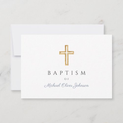 Dusty Blue Script Religious Cross Boy Baptism RSVP Card