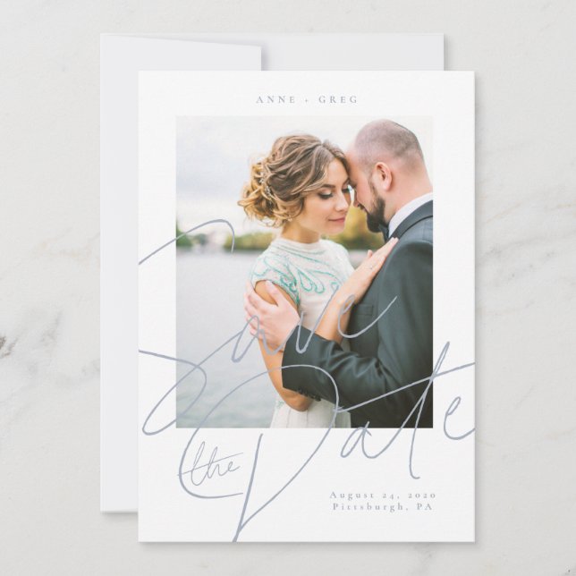 Dusty Blue Script Save the Date Photo Card (Front)