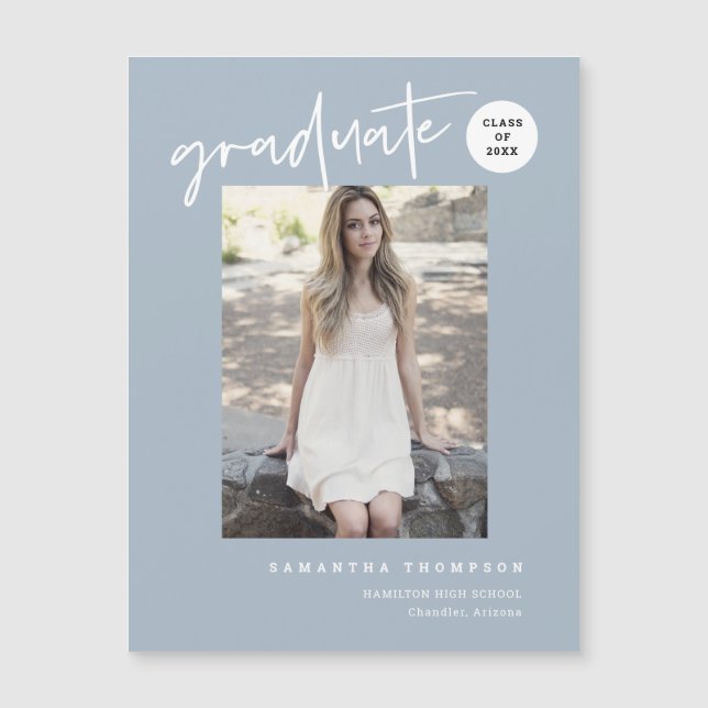 Dusty Blue Script School Graduate Photo Magnet (Front)