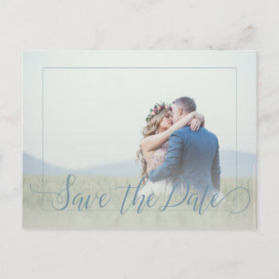 Dusty blue script spring photo save date wedding announcement postcard