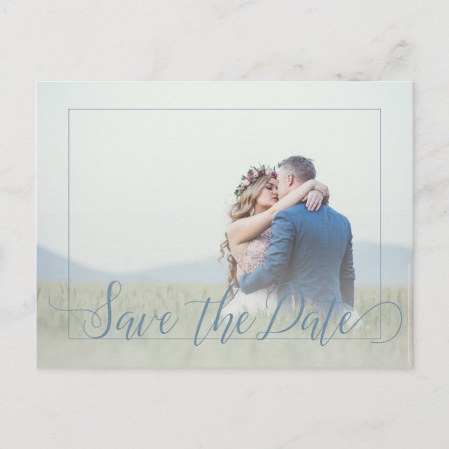 Dusty blue script spring photo save date wedding announcement postcard (Front)