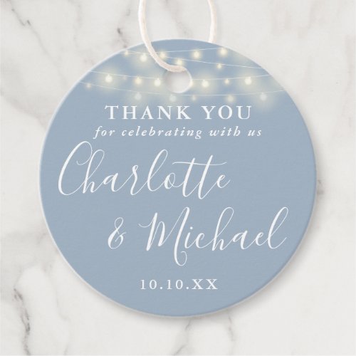 Dusty Blue Script String Lights Thank You Favor Tags