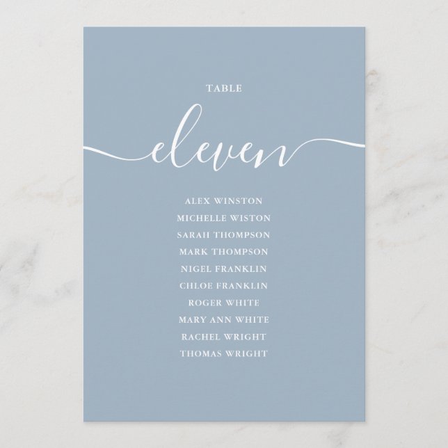 Dusty Blue Script Table Number 11 Seating Chart (Front)