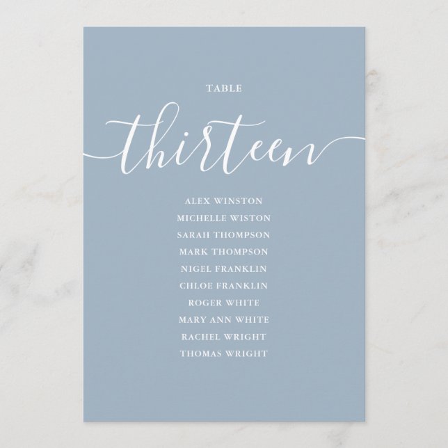 Dusty Blue Script Table Number 13 Seating Chart (Front)