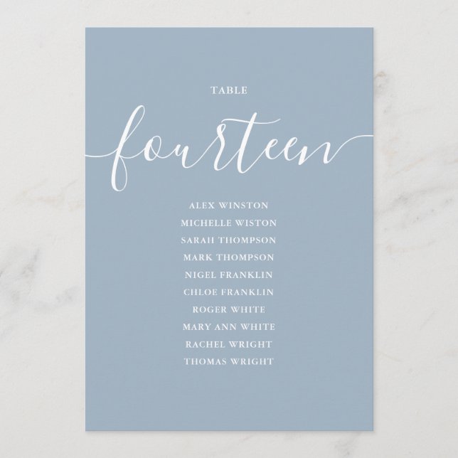 Dusty Blue Script Table Number 14 Seating Chart (Front)