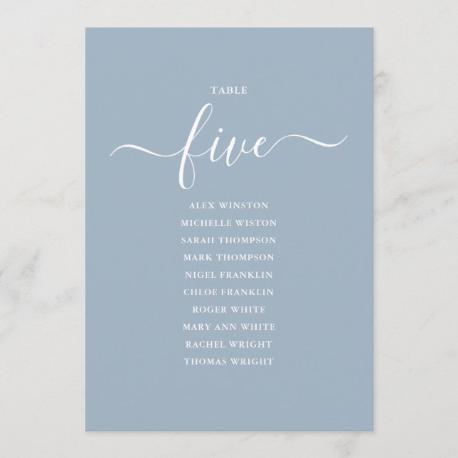 Dusty Blue Script Table Number 5 Seating Chart (Front)