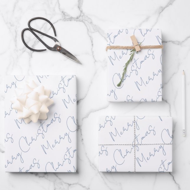 Dusty blue script typography Christmas holiday Wrapping Paper Sheets (Front)