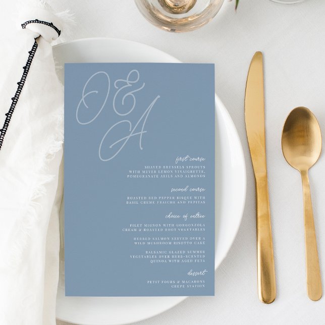 Dusty Blue Script Watermark Monogram Wedding Menu (Creator Uploaded)