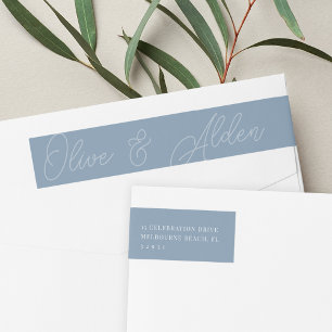 Dusty Blue Script Watermark Wedding Return Address Wrap Around Label