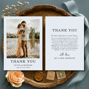 Dusty Blue Script Wedding Photo Thank You Card