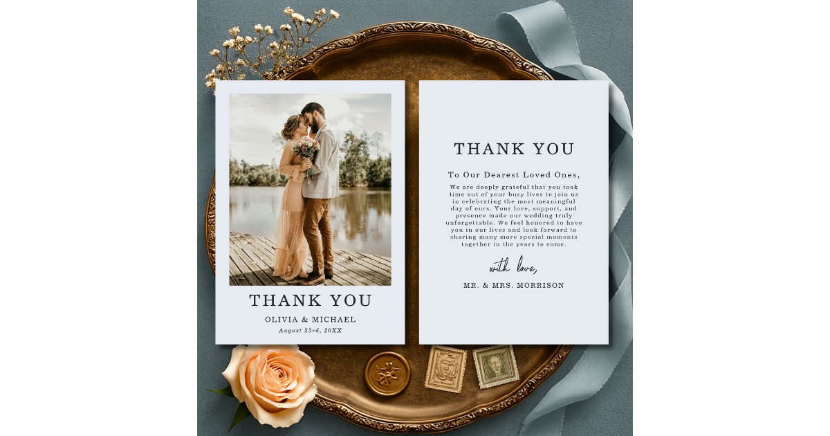 Dusty Blue Script Wedding Photo Thank You Card | Zazzle