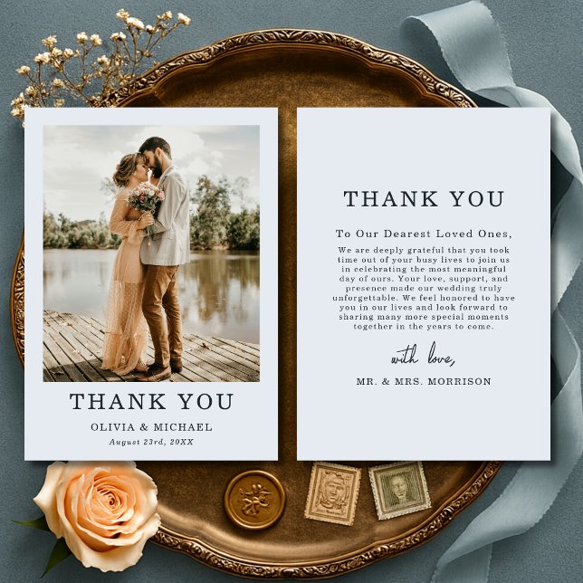 Dusty Blue Script Wedding Photo Thank You Card (Creator Uploaded)