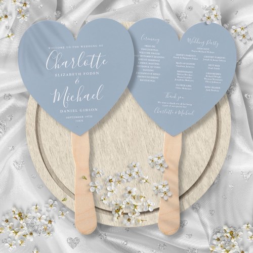 Dusty Blue Script Wedding Program Heart Hand Fan