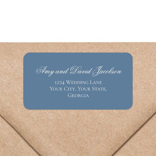 Dusty Blue Script Wedding Return Address Label (Dusty blue script return address label on kraft envelope with elegant calligraphy)