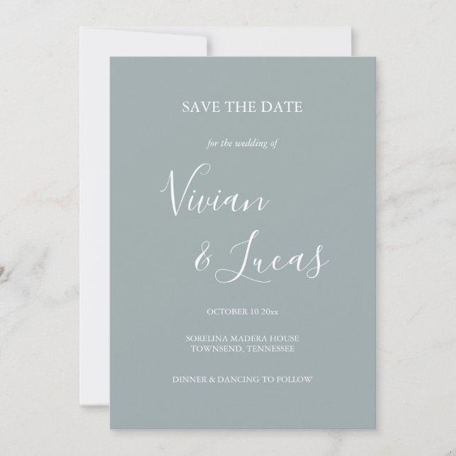 Dusty Blue Script Wedding Save the Date (Front)