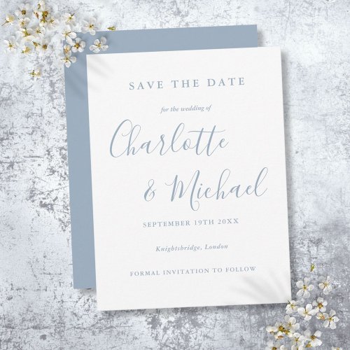 Dusty Blue Script Wedding Save the Date Postcard
