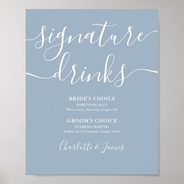 Dusty Blue Script Wedding Signature Drinks Sign (Front)