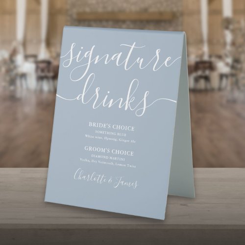 Dusty Blue Script Wedding Signature Drinks Table Tent Sign