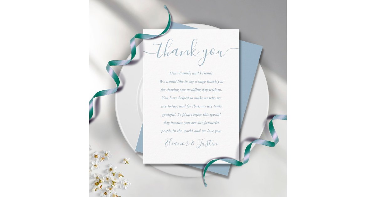 Dusty Blue Script Wedding Thank You Place Card | Zazzle