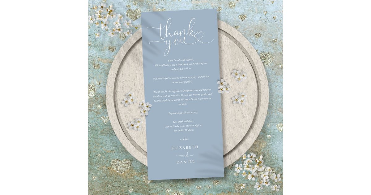 Dusty Blue Script Wedding Thank You Place Card | Zazzle