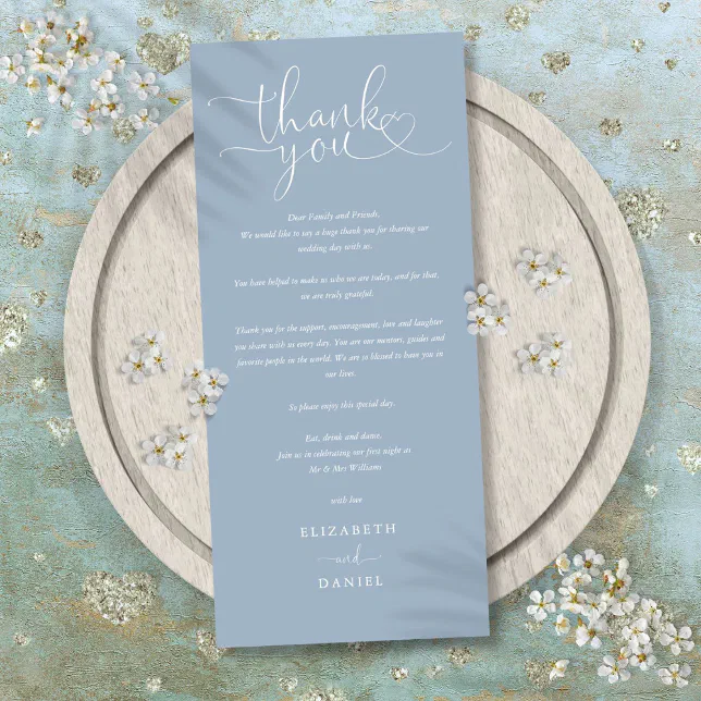 Dusty Blue Script Wedding Thank You Place Card | Zazzle