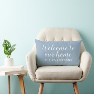 Dusty Blue Script Welcome to Our Home Lumbar Pillow