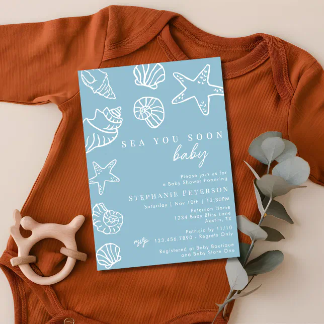 Dusty Blue Sea You Soon Coastal Beach Baby Shower Invitation | Zazzle