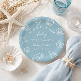 Dusty Blue Sea You Soon Coastal Beach Baby Shower Paper Plates
