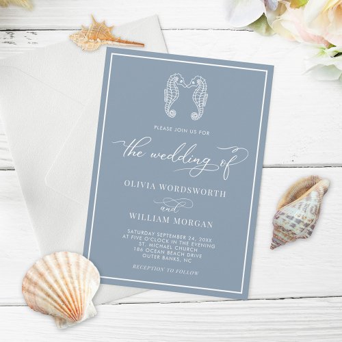 Dusty Blue Seahorse Coastal Beach Script Wedding Invitation