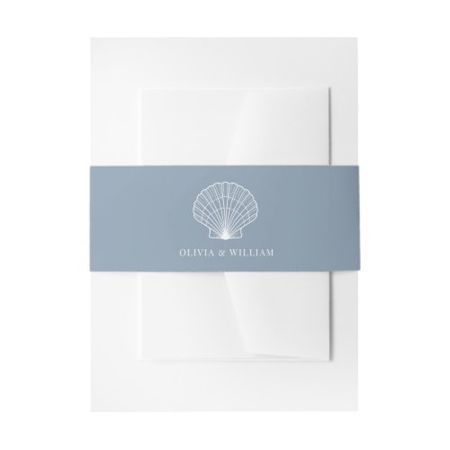 Dusty Blue Seashell Beach Minimal Wedding  Invitation Belly Band