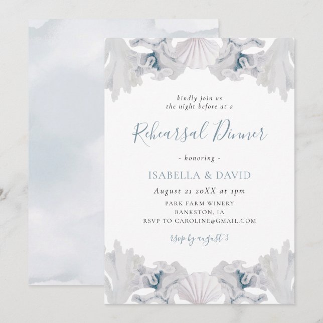 Dusty Blue Seashell Beach Rehearsal Dinner Invitation (Front/Back)