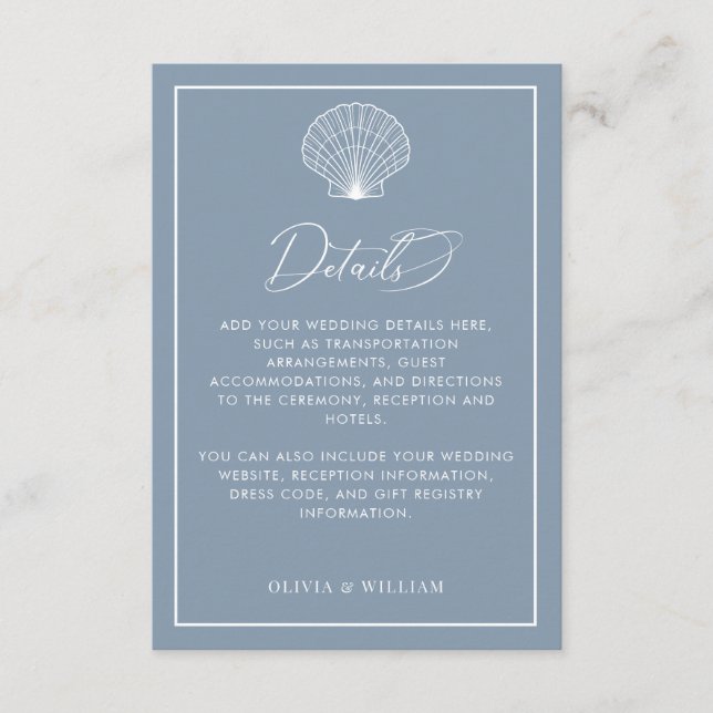 Dusty Blue Seashell Beach Wedding Details Enclosure Card (Front)