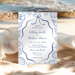 Dusty Blue Seashell Coastal Destination Wedding Invitation