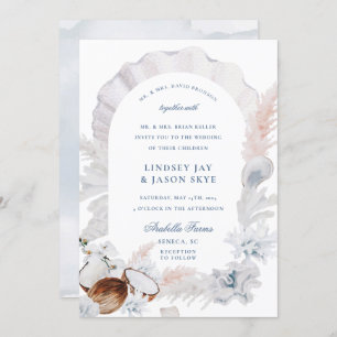 Dusty Blue Seashell Pampas Beach Arch Wedding Invitation