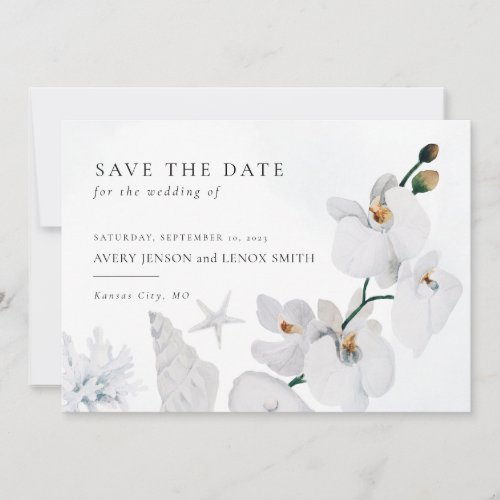Dusty Blue Seashell White Orchid Beach  Save The Date