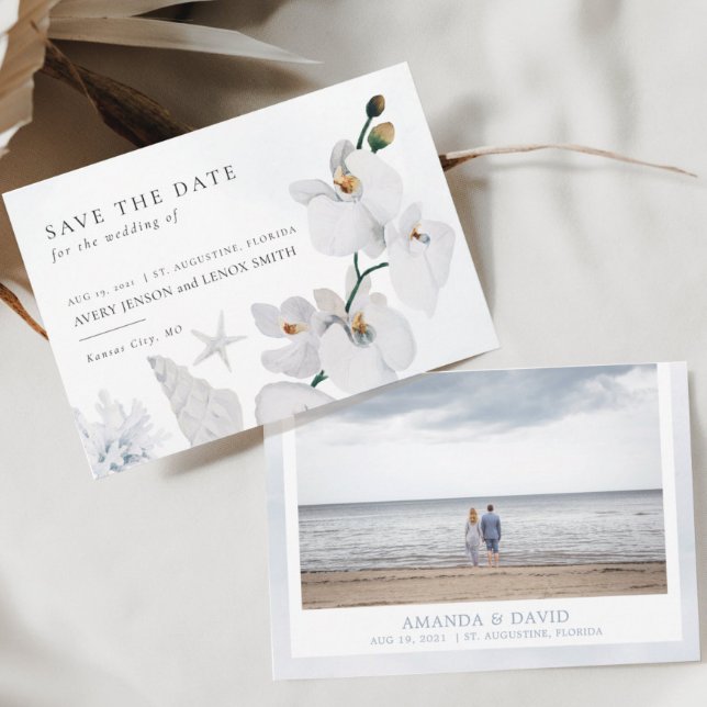 Dusty Blue Seashell White Orchid Beach With Photo Save The Date