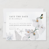 Dusty Blue Seashell White Orchid Beach With Photo Save The Date (Front)
